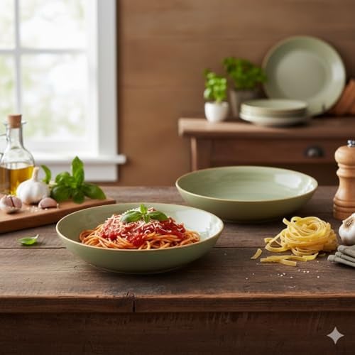 Beyond Homes Handcrafted Ceramic Pasta Bowl Set, 21 cm | Microwave & Dishwasher Safe Pasta Plates Glossy Finish | Deep Plate | Ceramic Serving Pasta Bowl, 650 ml Each (Pistachio- Set of 2) - Image 1