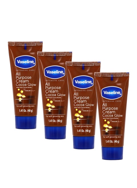 Vaseline All Purpose Cream Cocoa Glow, with Pure Cocoa Butter, 4-Pack, 1.41 FL Oz Each, 4 Tubes