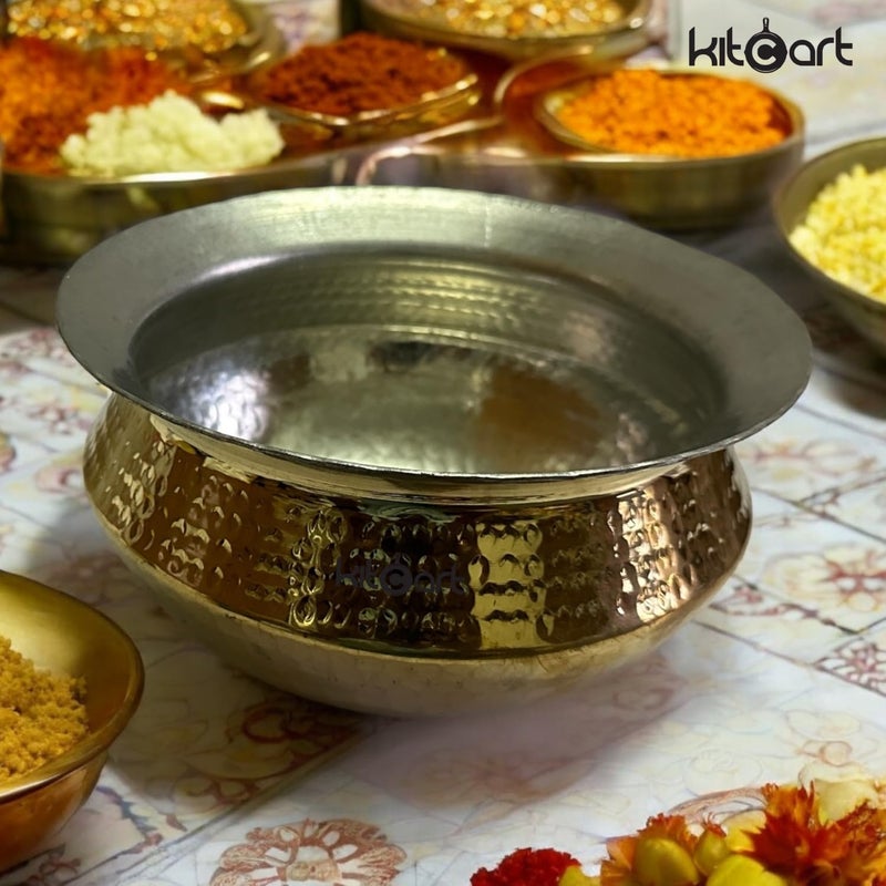KITCART Brass Handi Sipri with Hammered Shinny Finish for Cooking Serving 2LITER - Image 2