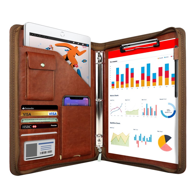 WRIYES Zippered Portfolio Organizer, WRIYES Leather Padfolio with 3 Ring Binder, Professional Business Binder, Organizer for IPad/Document, Phone & Business Cards, Office Gifts for Men or Women (Brown) - Image 1