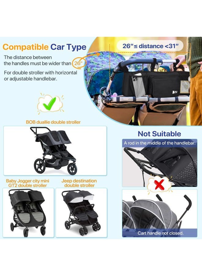 ZZM Bob Duallie Baby Jogger City Mini GT2 Double Stroller Organizer with 6 Compartments, 2 Thermal Pockets, Parent Console, Black Nylon - Image 2