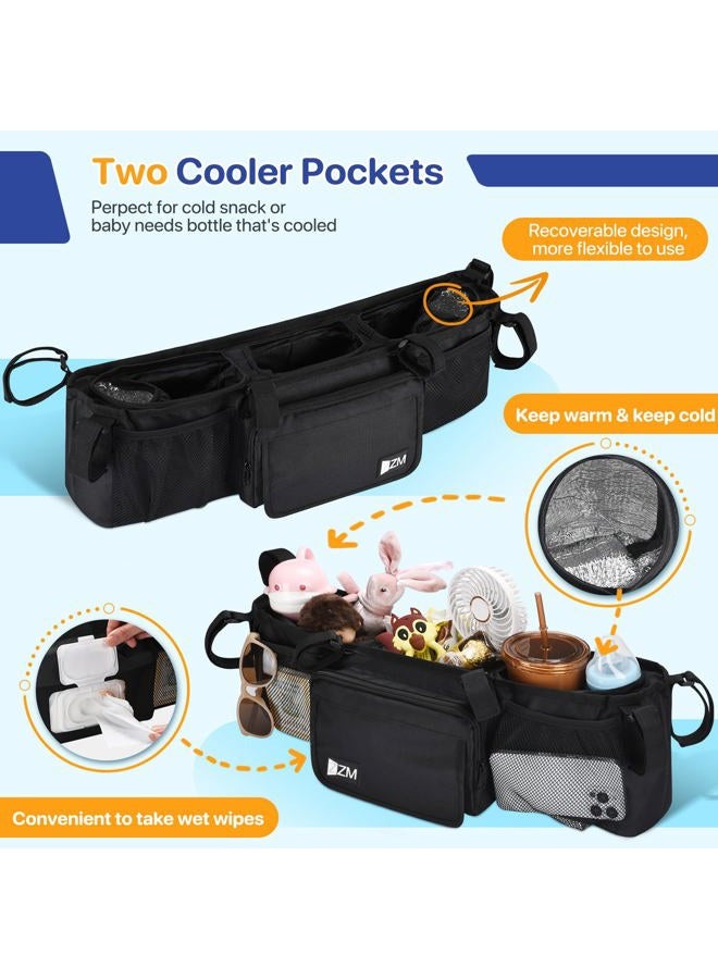 ZZM Bob Duallie Baby Jogger City Mini GT2 Double Stroller Organizer with 6 Compartments, 2 Thermal Pockets, Parent Console, Black Nylon - Image 3