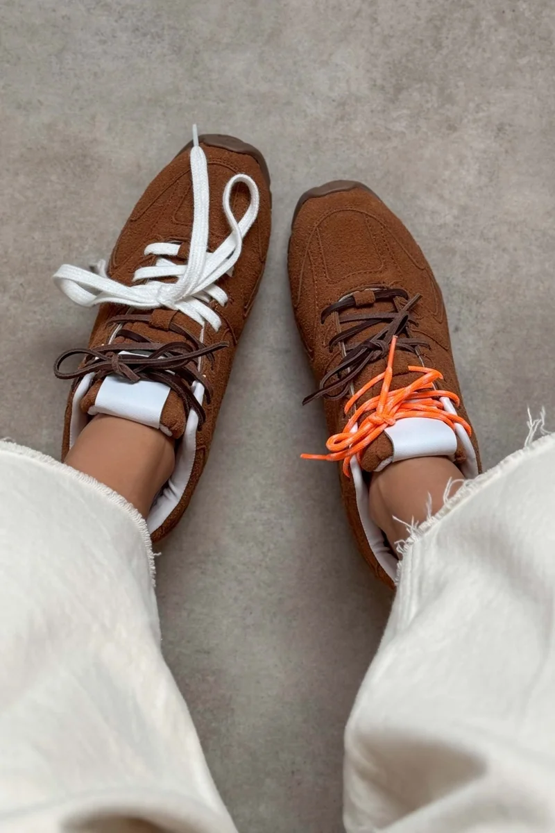 Nişantaşı Shoes Bellini Brown Suede Flat Sole Women's Lace-Up Sports Shoes