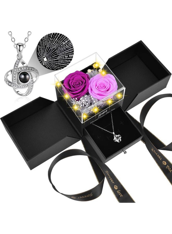 Preserved Real Purple Roses & I Love You100 Languages Projection Necklace Gift Box –Romantic Eternal Flower Set for Her, Home Decor, Office, Anniversary, Birthday, Valentine's, Mother's Day,Christmas