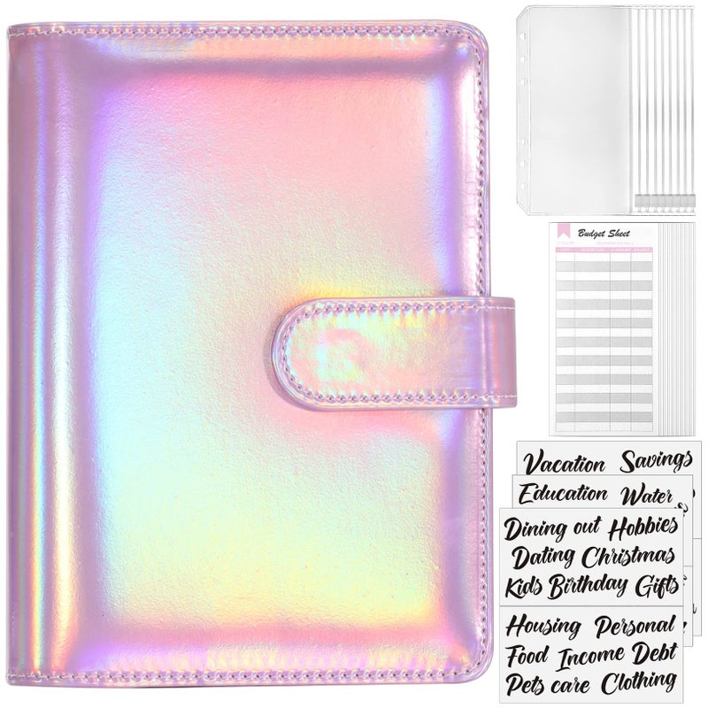 Sooez Holographic Pink Money Organizer for Cash, A6 Budget Binder with Cash Envelopes, 39 Black Bold Sticky Labels & 24 Colorful Budget Sheets, Money Saving Binder for Budgeting - Image 1