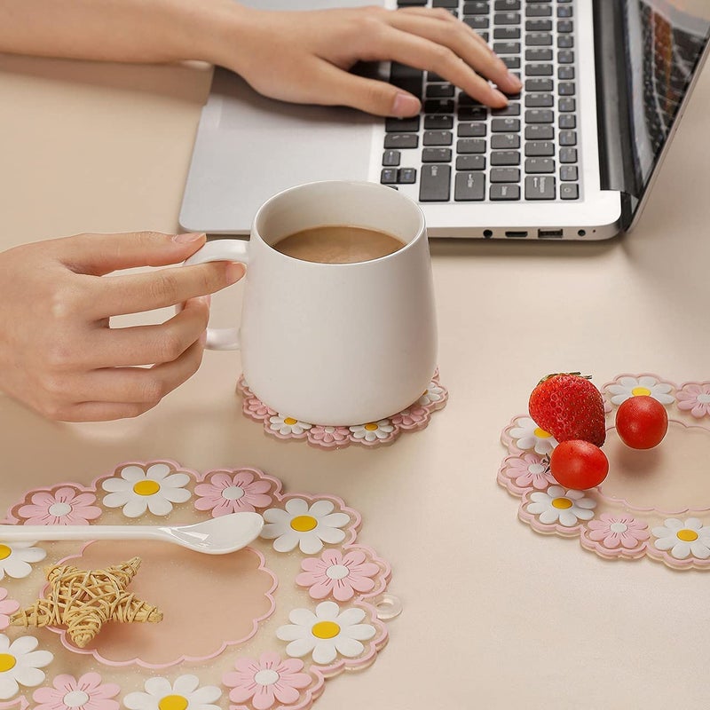 Turbid Silicone Coasters for Dining Table Set of 3 20 20 CM Large Round Pink Daisy Flower Design NonSlip Heat Resistant Trivet Mats Dining Table Pads for Hot Pots Bowls Dishes Drink - Image 3