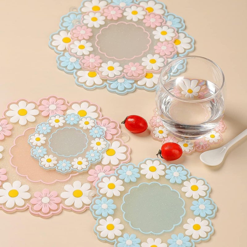 Turbid Silicone Coasters for Dining Table Set of 3 20 20 CM Large Round Pink Daisy Flower Design NonSlip Heat Resistant Trivet Mats Dining Table Pads for Hot Pots Bowls Dishes Drink - Image 5