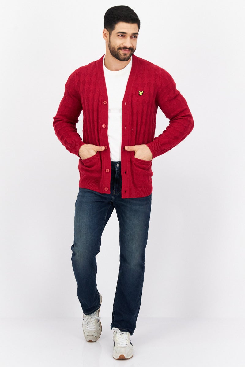 Lyle & Scott Men V-Neck Long Sleeve Embroidered Logo Cardigans, Red - Image 4