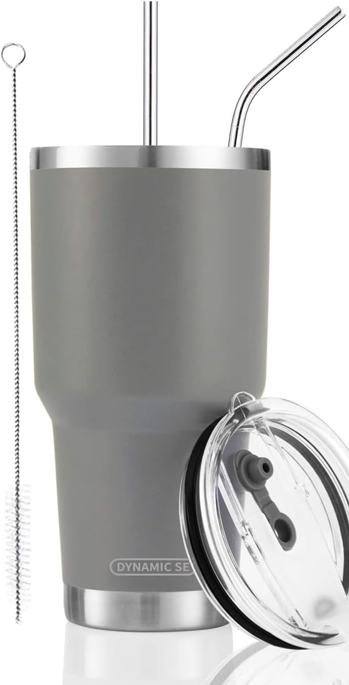 DS 30oz Grey Tumbler Stainless Steel Insulated Travel Mug with Straw Lid Cleaning Brush (30oz Grey) - Image 1