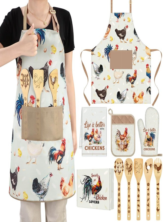 Funnymoom 10 Pcs Mother's Day Chicken Kitchen Gift Set for Women Include Apron Oven Mitts Pot Holder Dish Towel Cooking Utensil Kit - Image 1