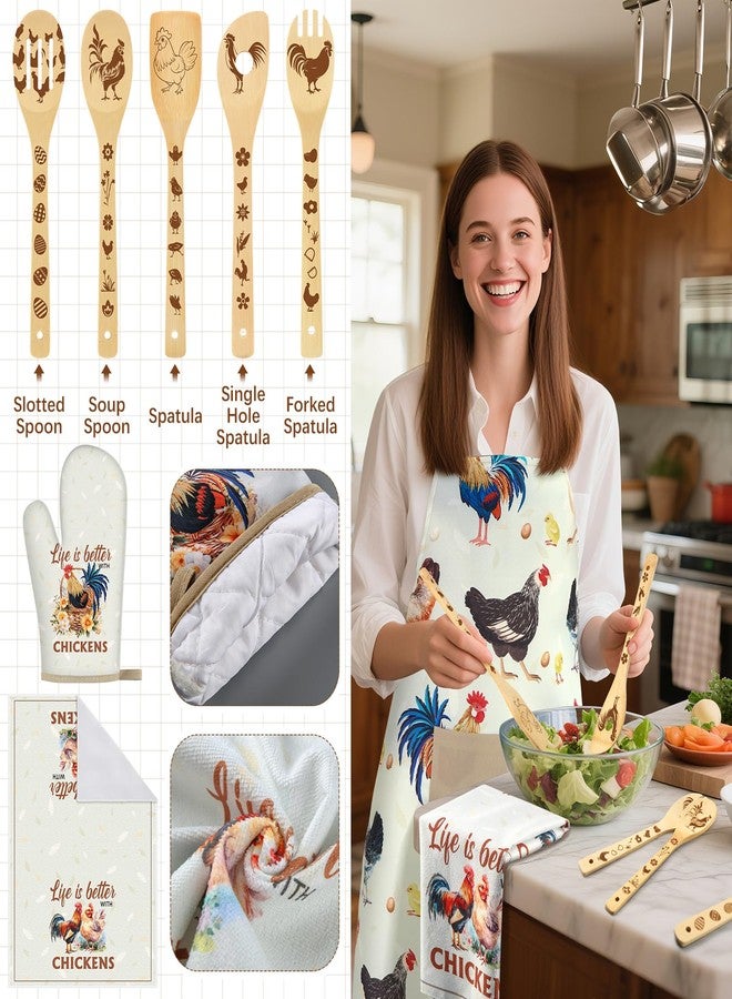 Funnymoom 10 Pcs Mother's Day Chicken Kitchen Gift Set for Women Include Apron Oven Mitts Pot Holder Dish Towel Cooking Utensil Kit - Image 4