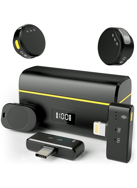 ميكروفون لاسلكى لأجهزة iPhone/Android مع Lightning/USB C(2 TX+2 RX+حافظة شحن)، ميكروفون صغير مع خاصية إلغاء الضوضاء، بطارية 35 ساعة، مشبك على ميكروفون لتسجيل الفيديو