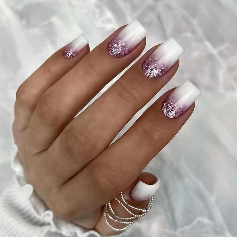 24pcs Short Square False Nails White Glitter Purple Stick on Press on Removable Glueon Fake Nails for Women Girls Nail Art Accessories