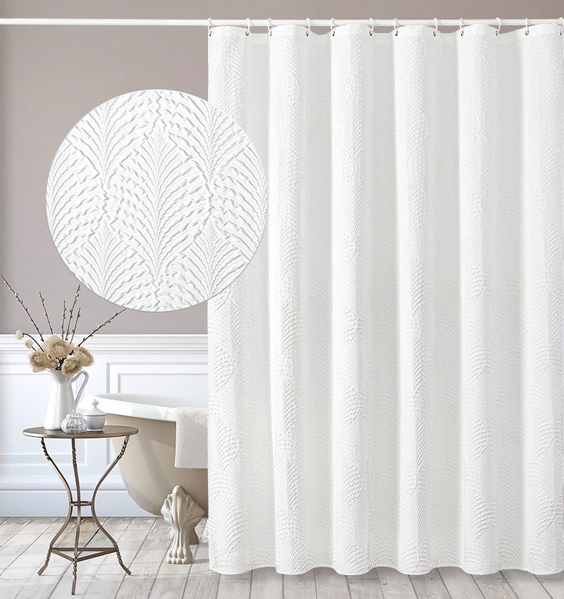 Gibelle Extra Long Shower Curtain 72 x 84  Tall 3D Embossed Textured White Fabric Shower Curtain  Modern Farmhouse Chic Soft Cloth Bathroom Curtains Shower Set with Hooks - Image 2