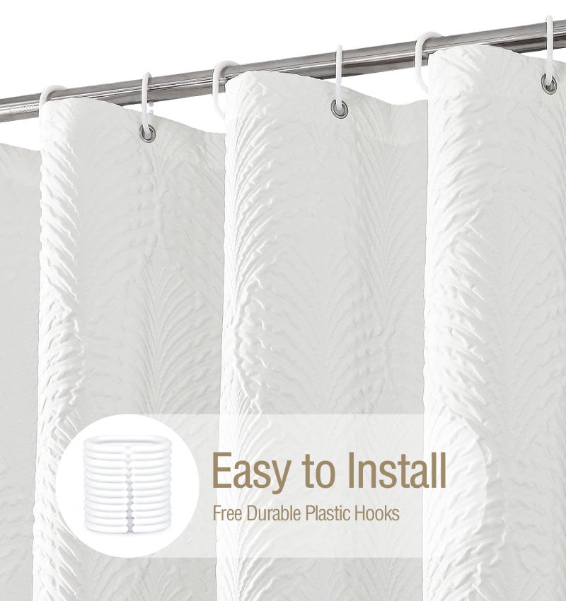 Gibelle Extra Long Shower Curtain 72 x 84  Tall 3D Embossed Textured White Fabric Shower Curtain  Modern Farmhouse Chic Soft Cloth Bathroom Curtains Shower Set with Hooks - Image 3