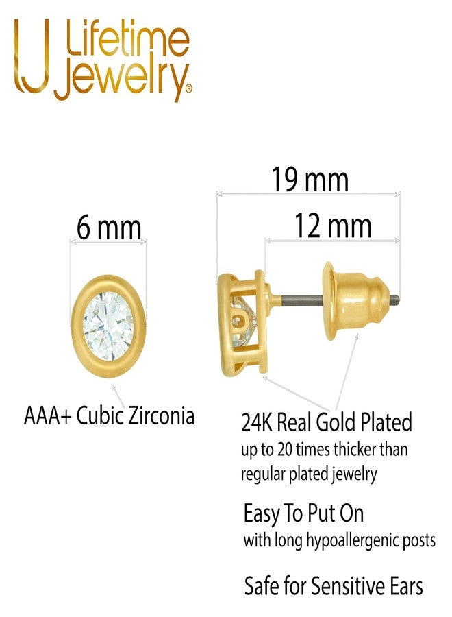 LIFETIME JEWELRY Cubic Zirconia Gold Framed Button Stud Earrings 24k Gold Plated - Image 3