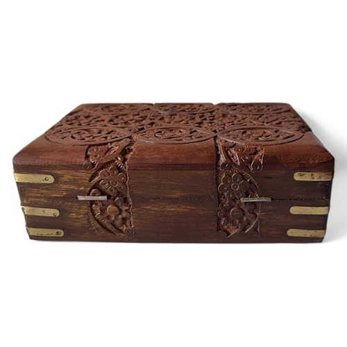 GURU JEE Hand Carved Wooden Decorative Floral Carvings Multipurpose Storage Organiser Keepsake Jewellery Box 20x12.5x6.5 CM - Image 3