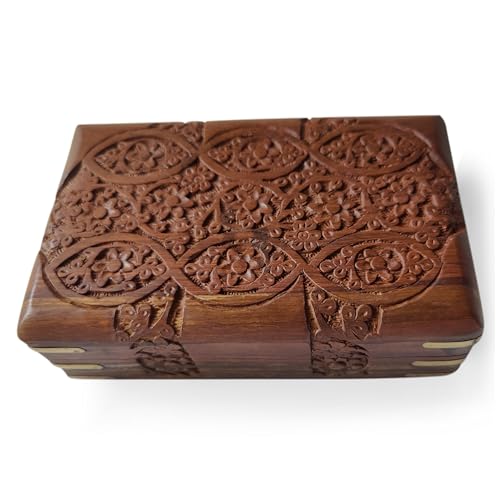 GURU JEE Hand Carved Wooden Decorative Floral Carvings Multipurpose Storage Organiser Keepsake Jewellery Box 20x12.5x6.5 CM - Image 1