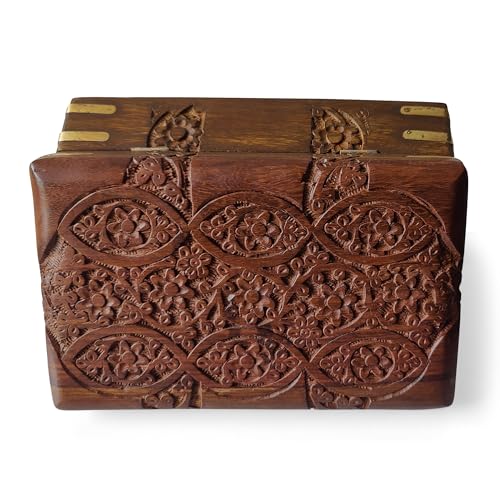 GURU JEE Hand Carved Wooden Decorative Floral Carvings Multipurpose Storage Organiser Keepsake Jewellery Box 20x12.5x6.5 CM - Image 4