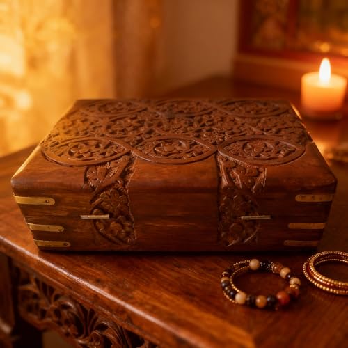 GURU JEE Hand Carved Wooden Decorative Floral Carvings Multipurpose Storage Organiser Keepsake Jewellery Box 20x12.5x6.5 CM - Image 5