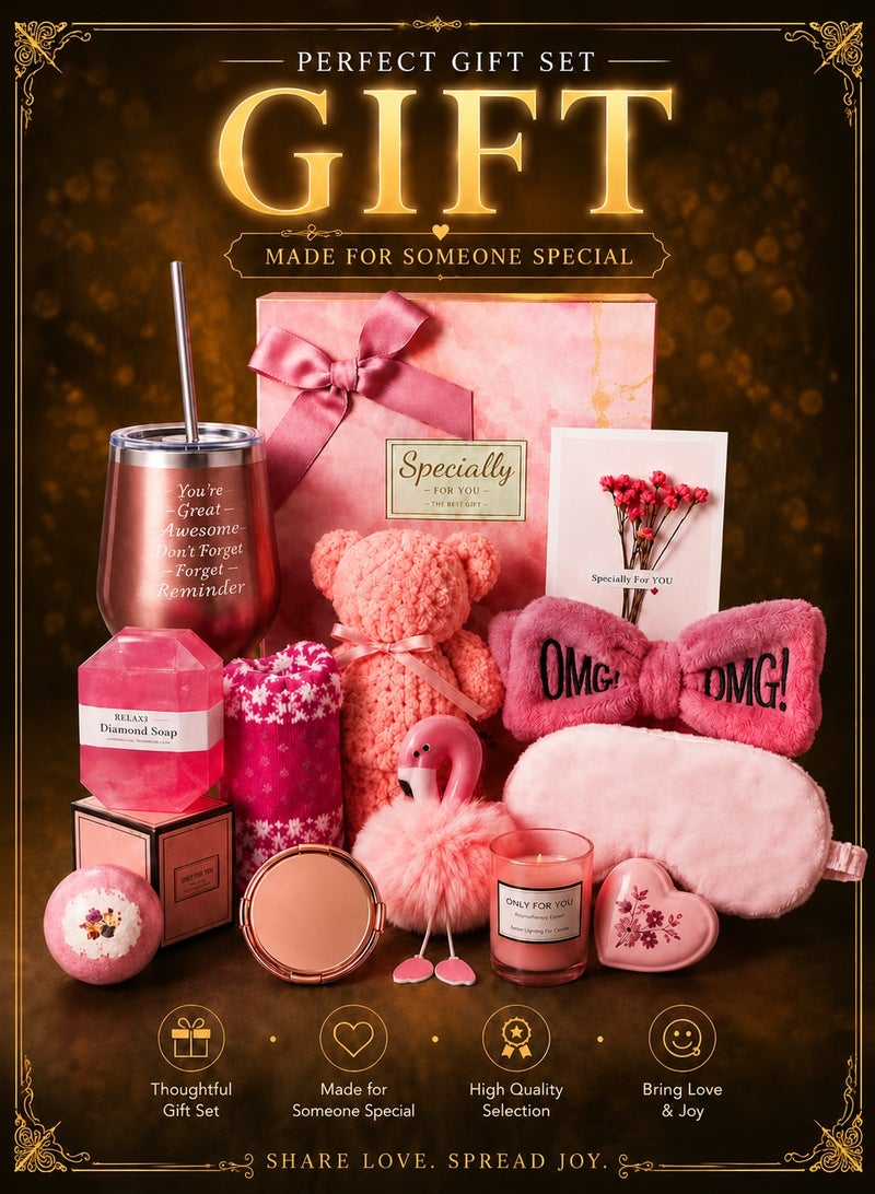 ARNOTEC Women's Self-Care Gift Box – Mother's Day, Birthday & Holiday Gift Set | 13 Relaxing Spa Essentials including Rose Gold Tumbler, Bear Towel, Eye Mask, Scented Candle, Bath Bombs, Handmade Soap & Accessories - Image 1