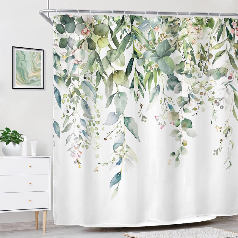 ريديكور Riyidecor الأخضر الأوكالبتوس يترك قماش القماش الستار دش للدش لديكور الحمام 72wx72h النباتات المائية - Image 3