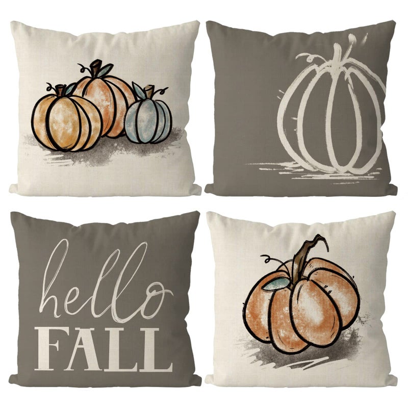 GAGEC Fall Pillow Covers 18x18 Inch Pumpkins Grey Autumn Harvest Hello Fall Throw Pillowcase Holiday Home Decor Sofa Bedroom Cushion Case Outdoor Indoor Decorations Set of 4