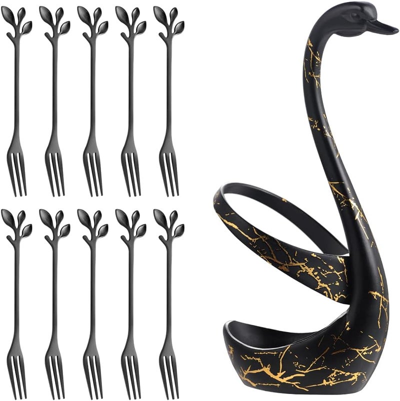 AnSaw Elegant Swan Base Holder Set with 10 pcs Black Leaf 4.7" Stainless Steel Mini Forks for Appetizer, Fruit, Dessert, Cake & Salad - Image 1