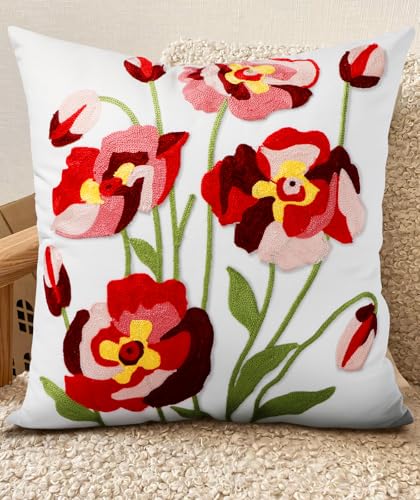 Kokaaee Embroidered Throw Pillow Cover 18x18 Decorative Pillow Cover with Zipper Aesthetic Cute Design Boho Spring Summer Cozy Throw Pillowcase for Living Room Couch Sofa Bed Rose Flowers - Image 1