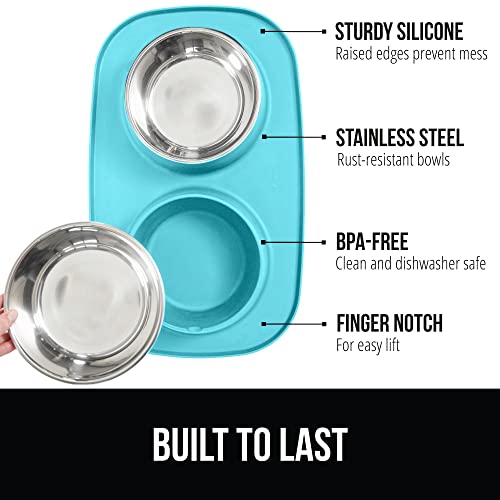 GORILLA GRIP Feeding Mat Set, Patent Pending 100% Waterproof BPA Free Silicone, Stainless Steel Cat and Dog Bowls, Slip Resistant, Edges Catch Water, Food, US Designed Pet Accessories, 1 Cup Turquoise - Image 2