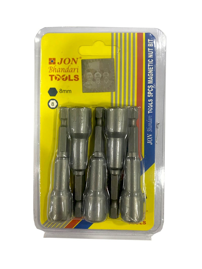 Jon Bhandari Tools 5pcs 8mm Magnetic Nut Driver Bit Set – 65mm Long Hex Socket Bits with 1/4 Inch (6mm) Shank – Heat Treated Hardened Steel, Strong Magnet Grip – For Impact Drivers & Power Drill Tools - Image 2