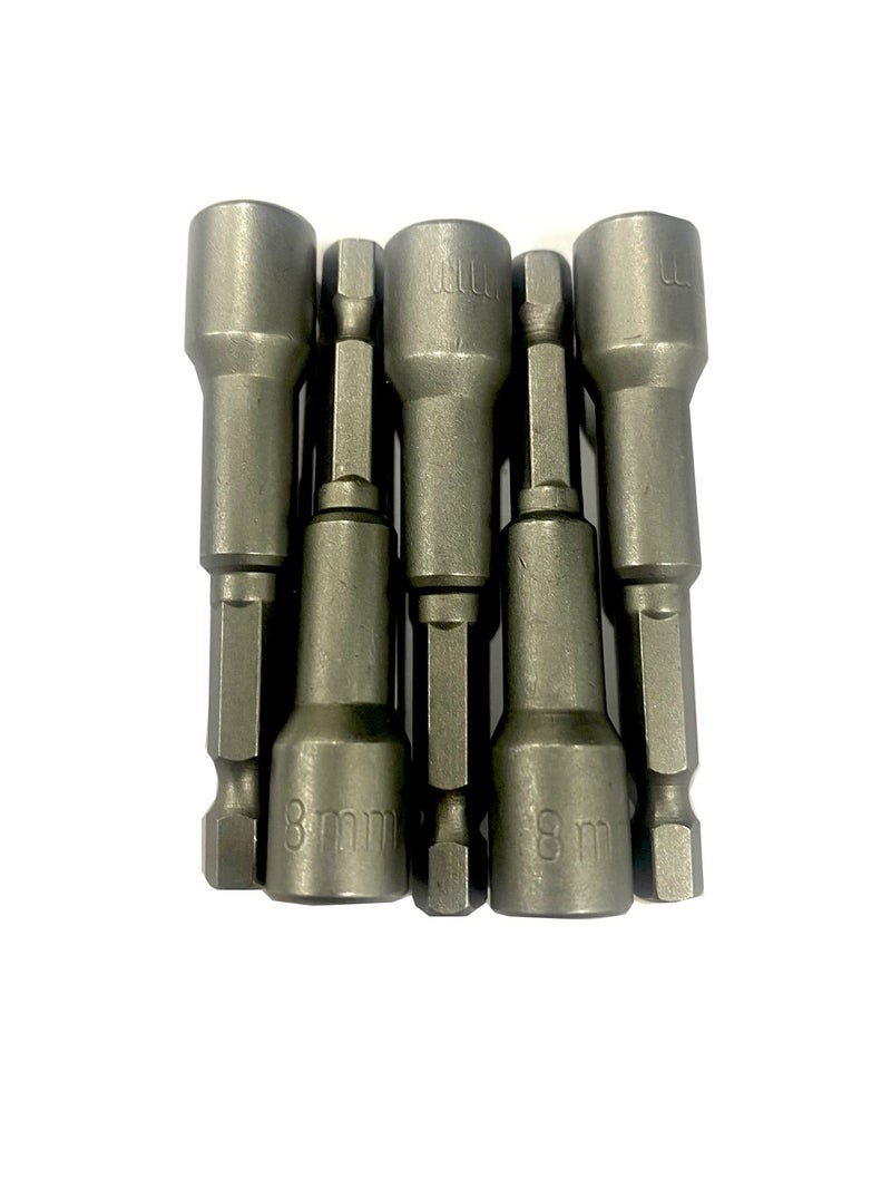 Jon Bhandari Tools 5pcs 8mm Magnetic Nut Driver Bit Set – 65mm Long Hex Socket Bits with 1/4 Inch (6mm) Shank – Heat Treated Hardened Steel, Strong Magnet Grip – For Impact Drivers & Power Drill Tools - Image 1