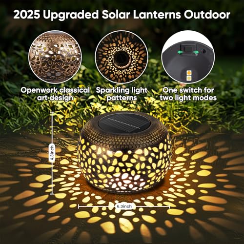 NFEVER Solar Lanterns Waterproof Outdoor Decor: 2 Pack Hollow Out Retro Metal Solar Lights, Unique Gardening Gifts for Women Mom, Outside Garden Yard Porch Lawn Indoor Tabletop Decorations, 2 Lighting Colors - Image 3