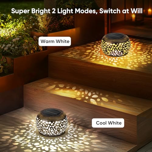 NFEVER Solar Lanterns Waterproof Outdoor Decor: 2 Pack Hollow Out Retro Metal Solar Lights, Unique Gardening Gifts for Women Mom, Outside Garden Yard Porch Lawn Indoor Tabletop Decorations, 2 Lighting Colors - Image 4