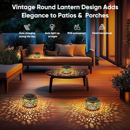 NFEVER Solar Lanterns Waterproof Outdoor Decor: 2 Pack Hollow Out Retro Metal Solar Lights, Unique Gardening Gifts for Women Mom, Outside Garden Yard Porch Lawn Indoor Tabletop Decorations, 2 Lighting Colors - Image 5