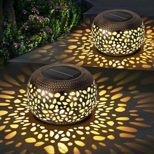 NFEVER Solar Lanterns Waterproof Outdoor Decor: 2 Pack Hollow Out Retro Metal Solar Lights, Unique Gardening Gifts for Women Mom, Outside Garden Yard Porch Lawn Indoor Tabletop Decorations, 2 Lighting Colors - Image 1