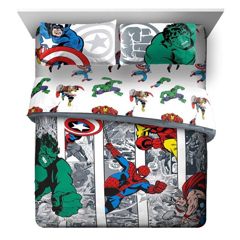 Jay Franco Marvel Avengers Comic Cool 7 Piece Queen Bed Set - Includes Comforter & Sheet Set - Bedding Features Captain America, Spiderman, Iron Man, Hulk, & Thor - Super Soft - Image 1