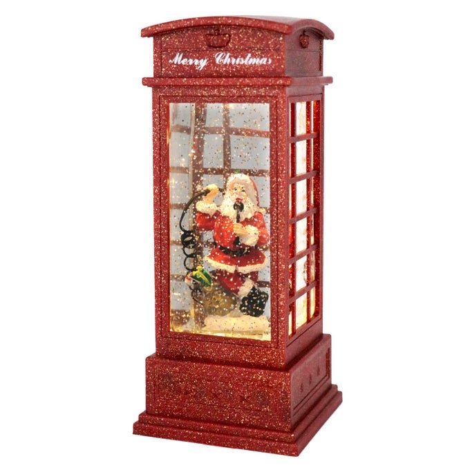 SNOW GLOBE WITH TIMER BATTERY OPERATED TELEPHONE BOOTH SNOW GLOBES SPINNING WATER AND SWIRLING GLITTER SANTA