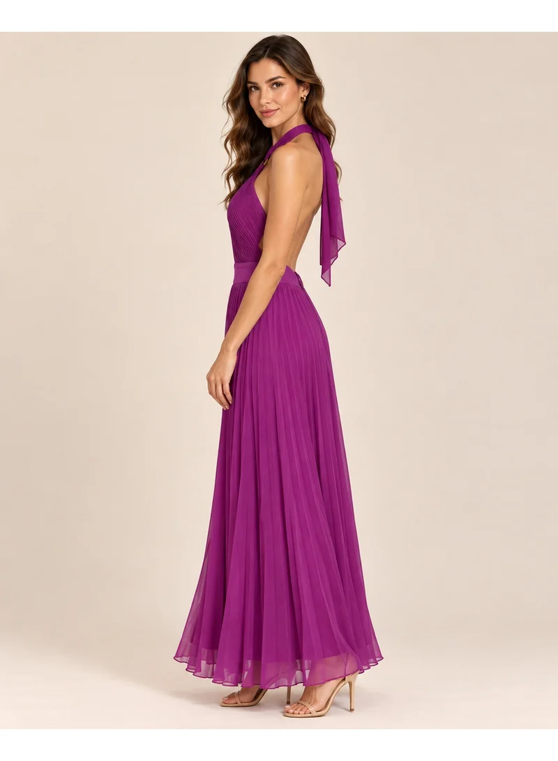 2Trendy Women's Purple Maxi Dress with Halter Neck, Open Back and Pleated Skirt
