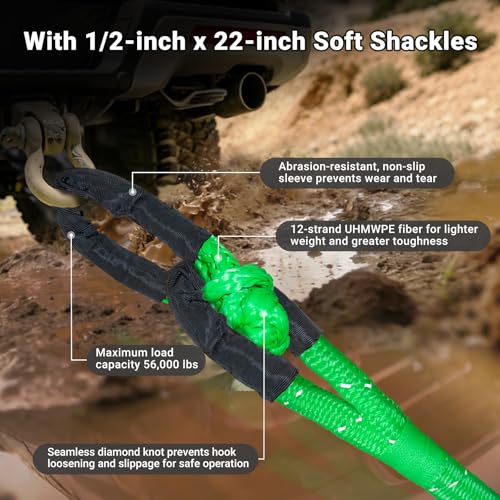 DAJOUJS Kinetic Recovery Tow Rope 5/8" x 20ft Tow Strap 36000lbs Snatch Strap with 2Pcs Soft Shackles 56000lbs Break Strength Heavy Duty Kinetic Towing Rope for Truck ATV UTV Offroad Recovery Rope Kit - Image 5