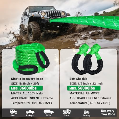 DAJOUJS Kinetic Recovery Tow Rope 5/8" x 20ft Tow Strap 36000lbs Snatch Strap with 2Pcs Soft Shackles 56000lbs Break Strength Heavy Duty Kinetic Towing Rope for Truck ATV UTV Offroad Recovery Rope Kit - Image 2