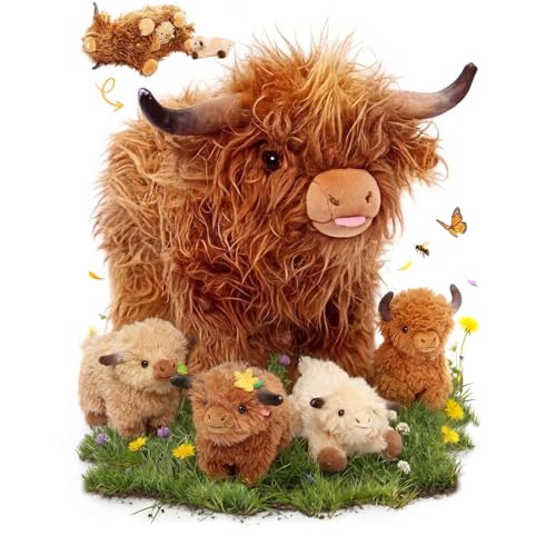 OUOZZZ Highland Cow Stuffed Animal 145 Large Realistic Fluffy Cow Plush Toy with 4 Baby Calves TravelFriendly Portable Gift for Baby Girls Boys Toddlers Kids 3 Year Old - Image 1