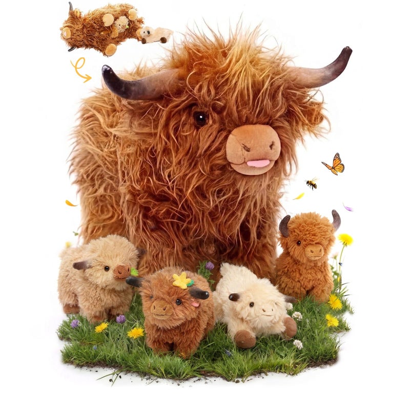 OUOZZZ Highland Cow Stuffed Animal 145 Large Realistic Fluffy Cow Plush Toy with 4 Baby Calves TravelFriendly Portable Gift for Baby Girls Boys Toddlers Kids 3 Year Old - Image 2