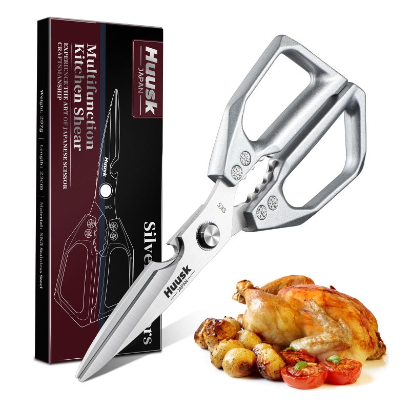 HUUSK Kitchen Scissors All Purpose - Stainless Steel Kitchen Shear, Sharp Silver Meat Scissors Dishwasher Safe, Heavy Duty Poultry Shears, Japanese Cooking Scissor for Food, Christmas Gifts for Women - Image 1