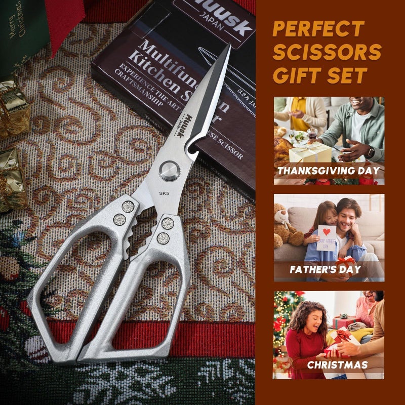 HUUSK Kitchen Scissors All Purpose - Stainless Steel Kitchen Shear, Sharp Silver Meat Scissors Dishwasher Safe, Heavy Duty Poultry Shears, Japanese Cooking Scissor for Food, Christmas Gifts for Women - Image 4