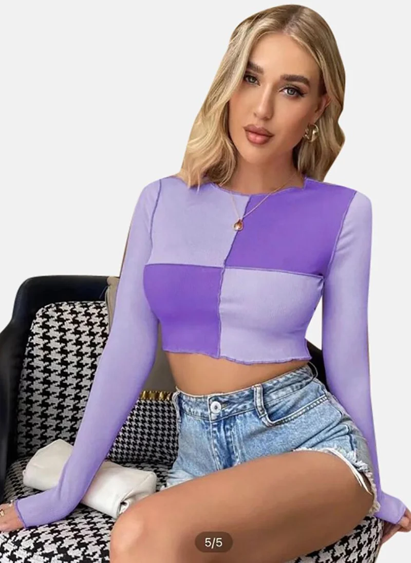 YUNIQEE Purple Colour Blocked Long Sleeve Round Neck Crop Top