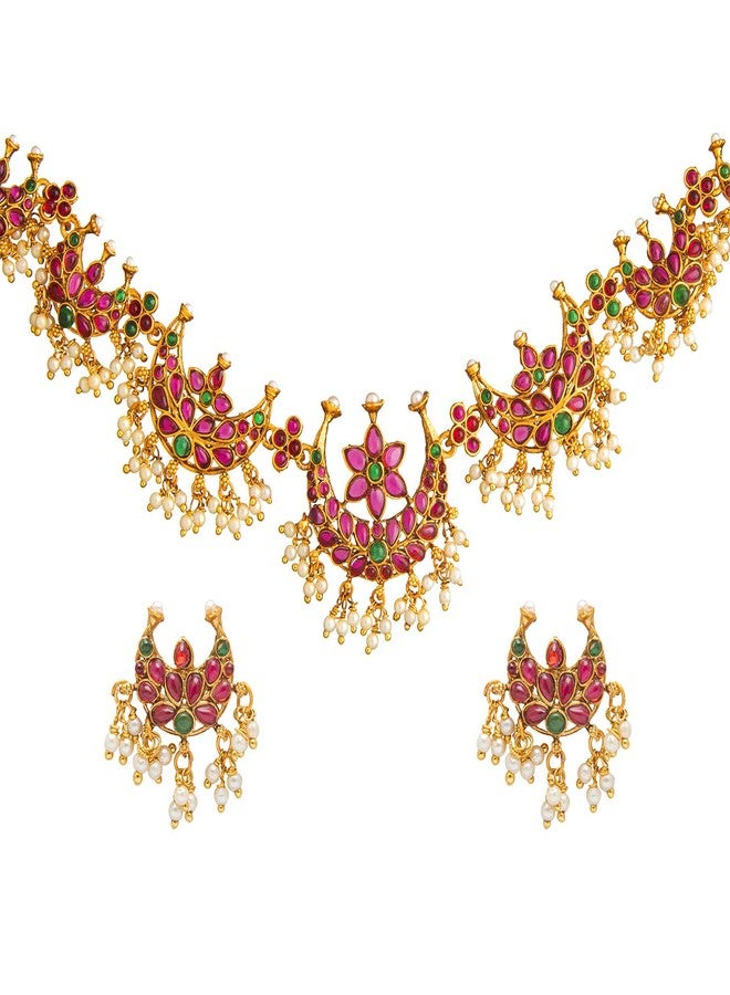 Bodha Traditional Indian Antique Gold Plated Temple Jewelry Necklace Set with Dori and Earrings for Women (SJN_41 Short) - Image 1
