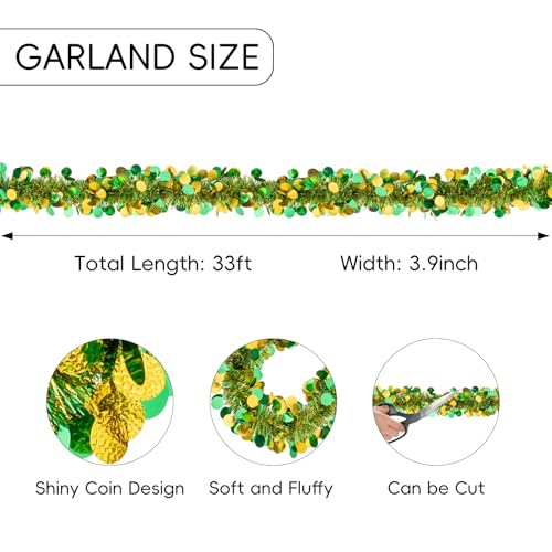CIPOWM 33FT St. Patrick's Day Tinsel Garland, Green Gold Metallic Twist Foil Tinsel Garland with Shiny Lucky Coin Ornament Hanging Garland for St. Patrick's Day Birthday Party Indoor Outdoor Decoration - Image 3