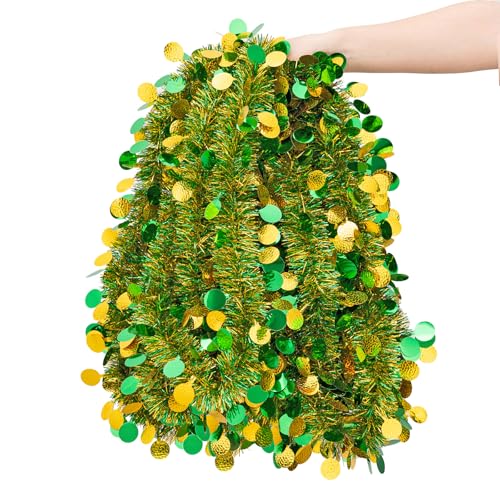 CIPOWM 33FT St. Patrick's Day Tinsel Garland, Green Gold Metallic Twist Foil Tinsel Garland with Shiny Lucky Coin Ornament Hanging Garland for St. Patrick's Day Birthday Party Indoor Outdoor Decoration - Image 2