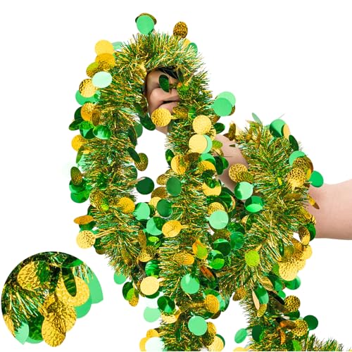 CIPOWM 33FT St. Patrick's Day Tinsel Garland, Green Gold Metallic Twist Foil Tinsel Garland with Shiny Lucky Coin Ornament Hanging Garland for St. Patrick's Day Birthday Party Indoor Outdoor Decoration - Image 1